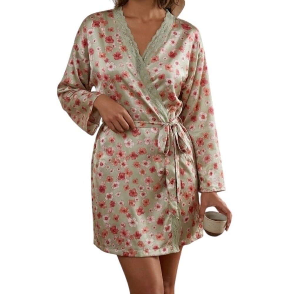 Vintage Inner Most Green Multicolored Flora Cottage Boho Romantic Robe Small